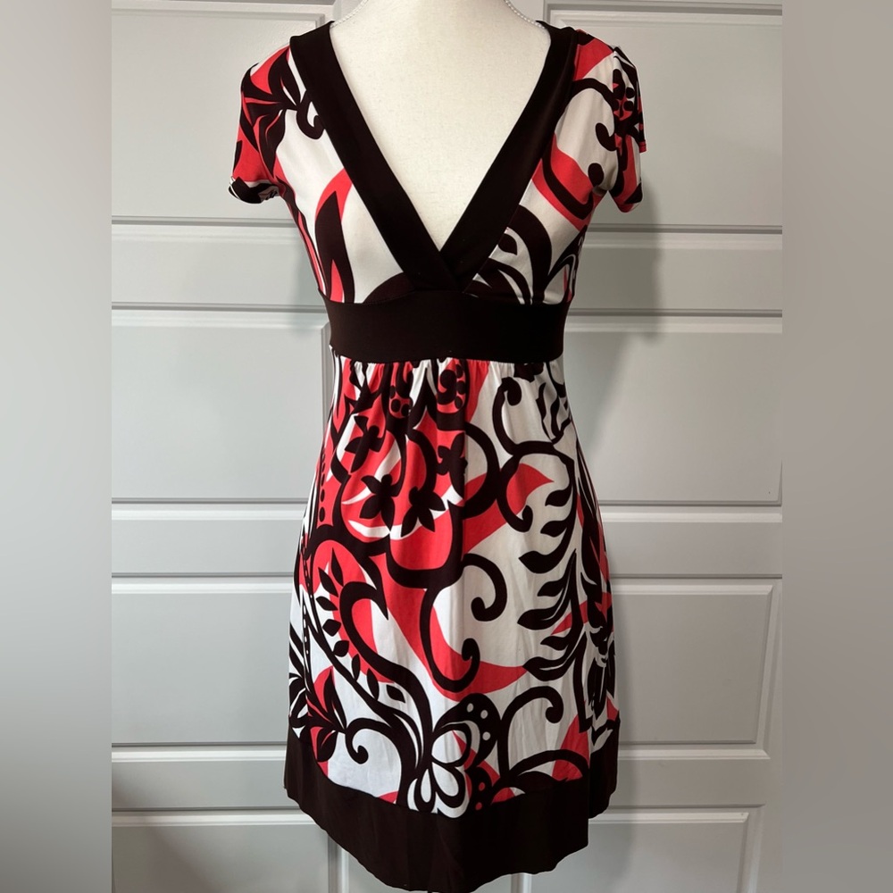 Taboo Retro V-Neck Dress Brown Coral White Print Short Sleeve Mini Dress Small